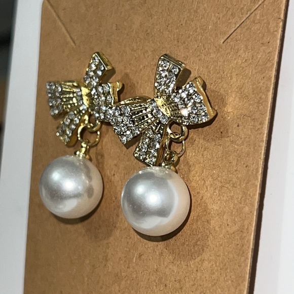 Jewelry - Gold Tone‎ Bow Pearl Drop Earrings Women Fashion Jewelry